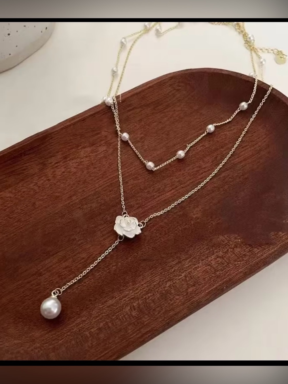 Gold Layered Flower Lariat Necklace with Pearl Drop - Picture 2 of 3